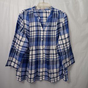 WOMAN WITHIN PINTUCKED FLANNEL PLAID PRINT BUTTON DOWN SHIRT